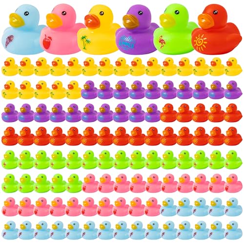 Haooryx Summer Mini Rubber Duck - 120Pcs Hello Summer Ducky Squeak Bathtub Float Bath Toy Novelty Squeak Duck for Kids Holiday Party Decor Classroom Reward Birthday Gift Baby Shower Party Favor Supply