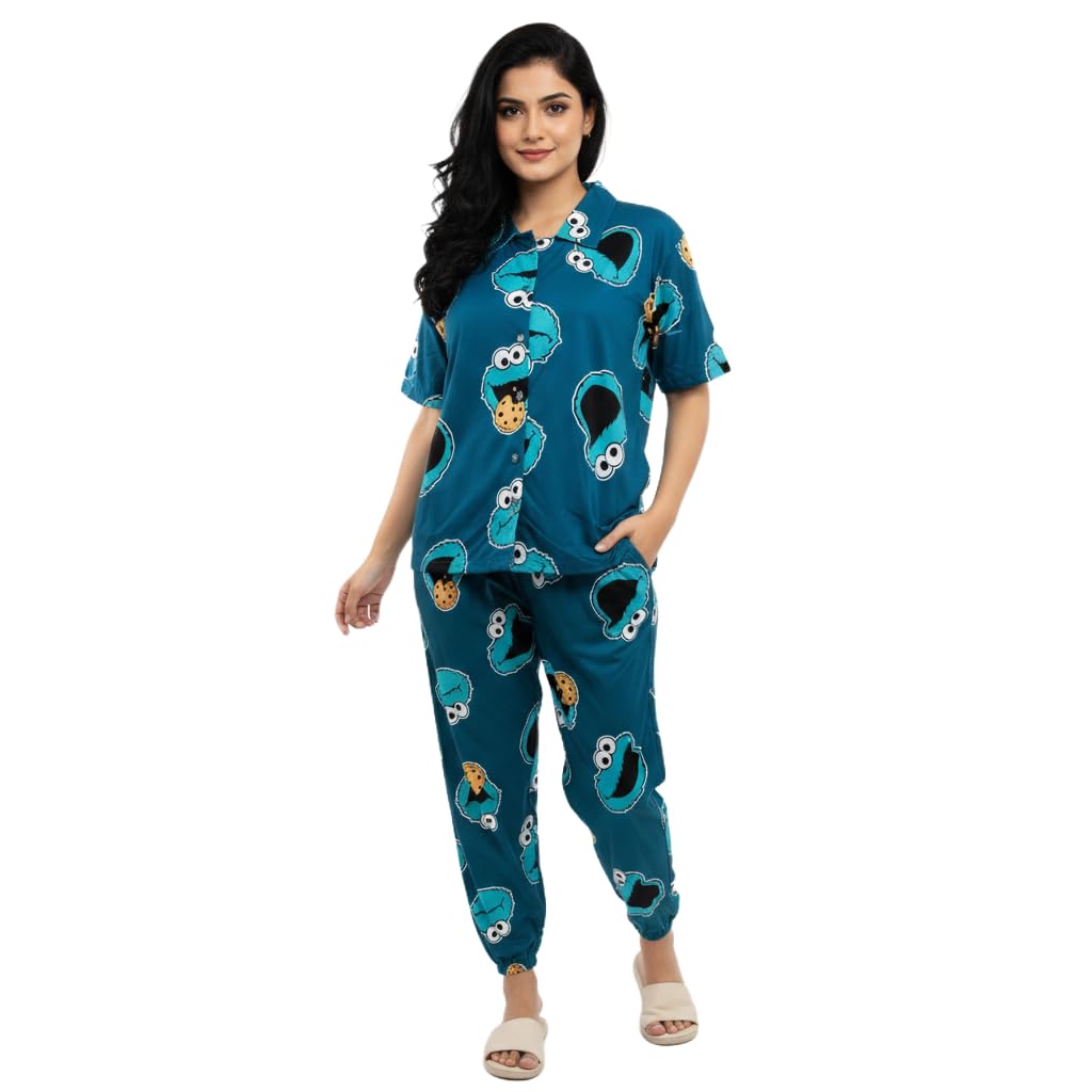 josejones Women Night Suit Set | Bondi Blue Cartoon Printed Pajama Set | Malai Fabric Front Button Collar Shirt with Jogger Pants | Half Sleeve Nightwear & Lounge Set-picture-52
