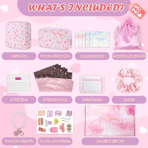Image of 22 PCS First Period Starter Kit Gift for Teen Girls Period Bags for Teen Tweens Girls with Sanitary Pad Storage Bag, Wipes, Menstrual Tracker, Disposal Pouches and More (Pink Floral)