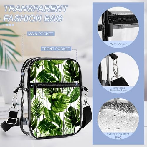 Boho Summer Monstera Clear Crossbody Bag Stadium Bag Adjustable Side Shoulder Bags Messenger Bag with 2 Compartments4