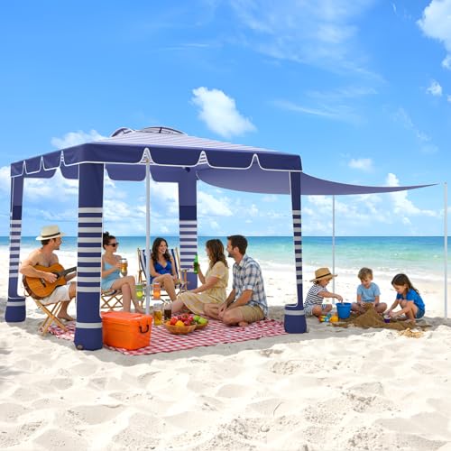 MoKo Beach Cabana 120 Sq. Ft. Large Beach Canopy Tent Sun Shade UPF 50+ Protection Easy Setup Beach Tent Adjustable Height Wind Resistant Cabana Sun Shelter for Whole Family Navy Stripes