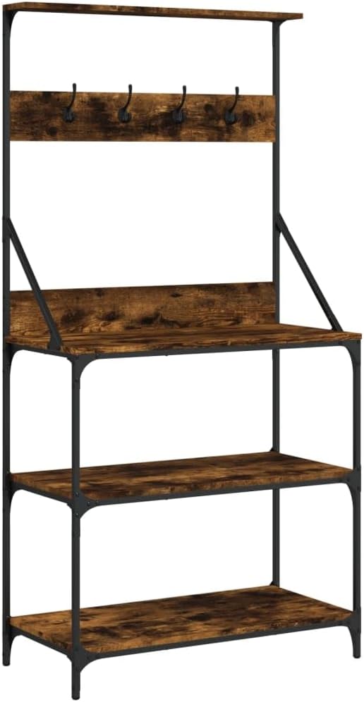 4-Tier Smoked Oak Engineered Wood Baker's Rack with Hooks, 4 Hooks Included, 1 Top Shelf and 3 Large Lower Shelves for Kitchen Appliances, Adjustable Feet for Stability,