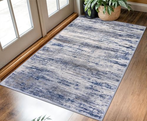 KOZYFLY 3x5 Area Rug Modern Ombre Rug for Bedroom, Washable Rug Non-Slip Soft Striped Living Room Area Rug, Print Distressed Grey-Blue Abstract Carpet for Laundry Nursery