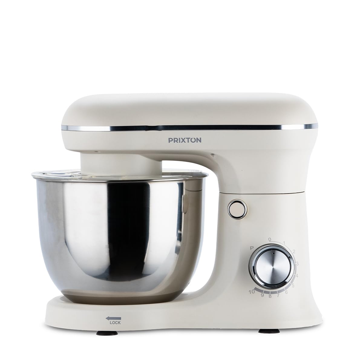 PRIXTON Batidora Amasadora KR250 para Repostería, Potencia 1500W, 10 Velocidades, Bol Acero Inoxidable de 5 litros, 3 accesorios, Tapa Transparente, Color Blanco Crema Mate