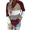 Zcfire-Womens-Lightweight-Color-Block-Knit-Hoodies-Sweaters-Loose-Long-Sleeve-V-Neck-Drawstring-Pullover-Sweatshirts Zcfire Christmas Sweater, Women's Lightweight Color Block Knit Loose Long Sleeve Drawstring Pullover Sweatshirts Wine Red Small