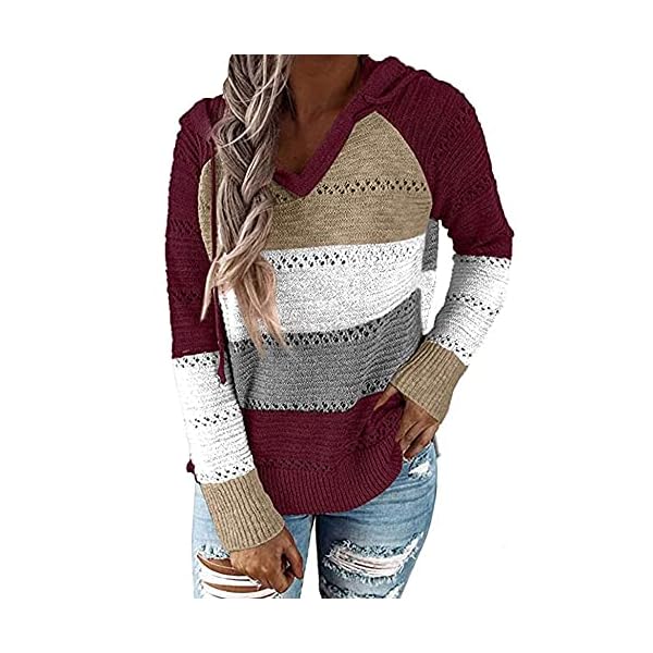 Zcfire-Womens-Lightweight-Color-Block-Knit-Hoodies-Sweaters-Loose-Long-Sleeve-V-Neck-Drawstring-Pullover-Sweatshirts Zcfire Christmas Sweater, Women's Lightweight Color Block Knit Loose Long Sleeve Drawstring Pullover Sweatshirts Wine Red Small