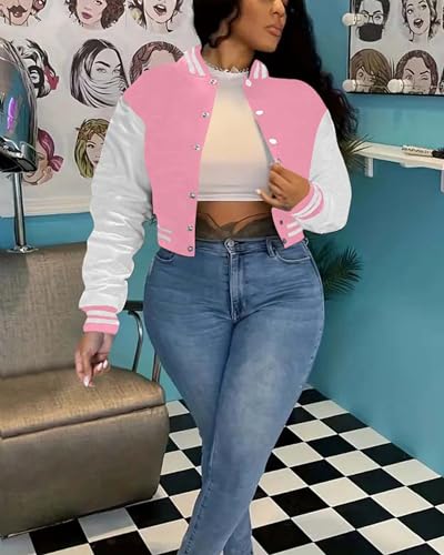 Doweha Women Faux Leather Jacket Light Moto Bomber Jackets Cropped Letterman Baseball Jacket Fall Coat with Pockets3