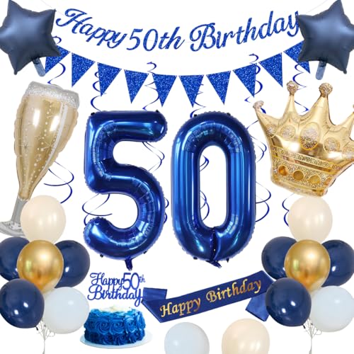 Decorazioni Compleanno 50 anni, Decorazioni 50 anni Compleanno Blu per Uomo Palloncini Blu Navy Oro Sabbia Bianca Banner Happy 50th Birthday Palloncini Numero 50 Palloncini Stella Corona