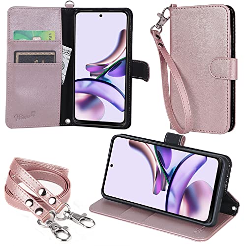 wisers moto g13 対応 手帳型スマホケース (ローズゴールド) ストラップ 2種付き (ハンドストラップ/ネックストラップ) 2023年 新型