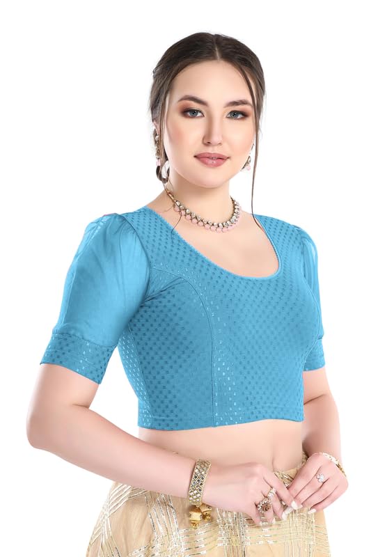 Image of FINESTFIT Stay On Trend Fashion 100% Cotton Readymade Blouses for Women,Round Neckline with Organza Balloon Sleeves.
