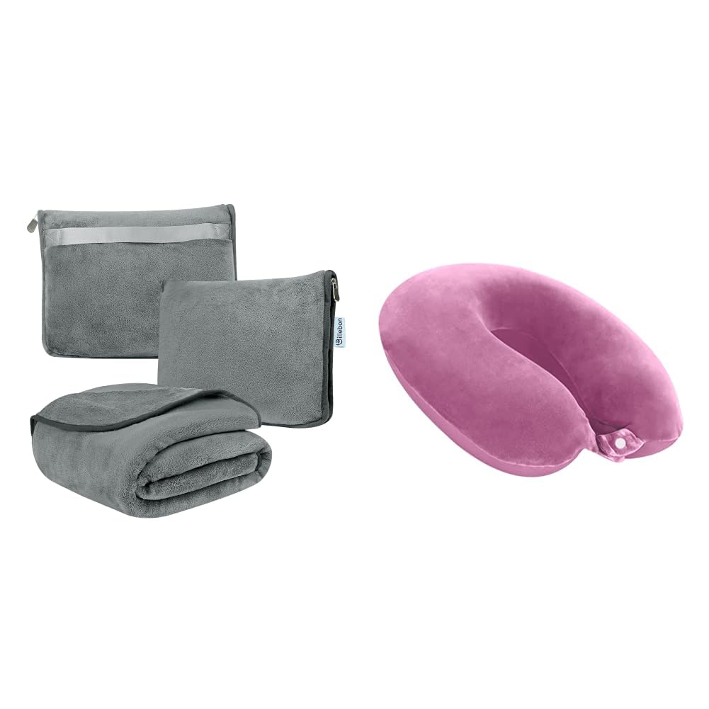 Travel Blanket Airplane Compact Soft Lightweight & Cozy Blanket with Soft Bag Pillowcase + Cool Gel Infused Memory Foam Travel Neck Pillow with Magnetic Fabric Neck Support Pillow-image-6