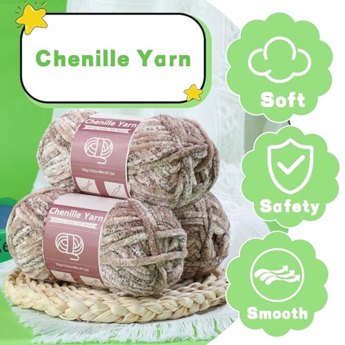 Image of LUNARM Chenille Yarn for Crochet Knitting Chunky Blanket Velvet Yarn | 3 Pack 3.5oz /100g 263 Yard Light Khaki Gradient Yarn for Beginners Knitting Scarves with Big Eye Needles Machine Washable