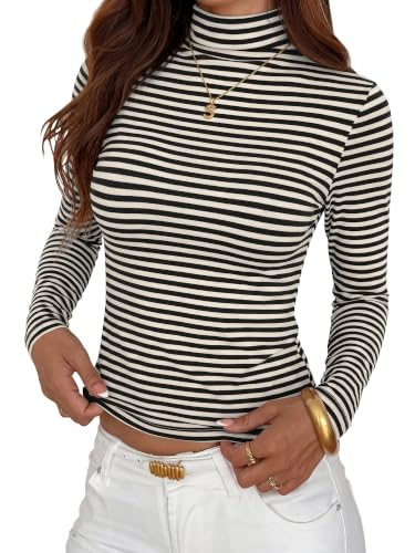 BTFBM Long Sleeve Shirts for Women Turtleneck Striped Shirt,XL,Black - image 1
