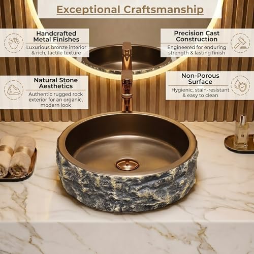 Image of BASSINO 16x16x6 Inches Artificial Stone Table Top Washbasin /Premium Counter Top Wash Basin Matte Black-Bronze with Stone Textured /Modern Rock Basin for Home-Hotel /Designer Round Shape Sink(Matt)