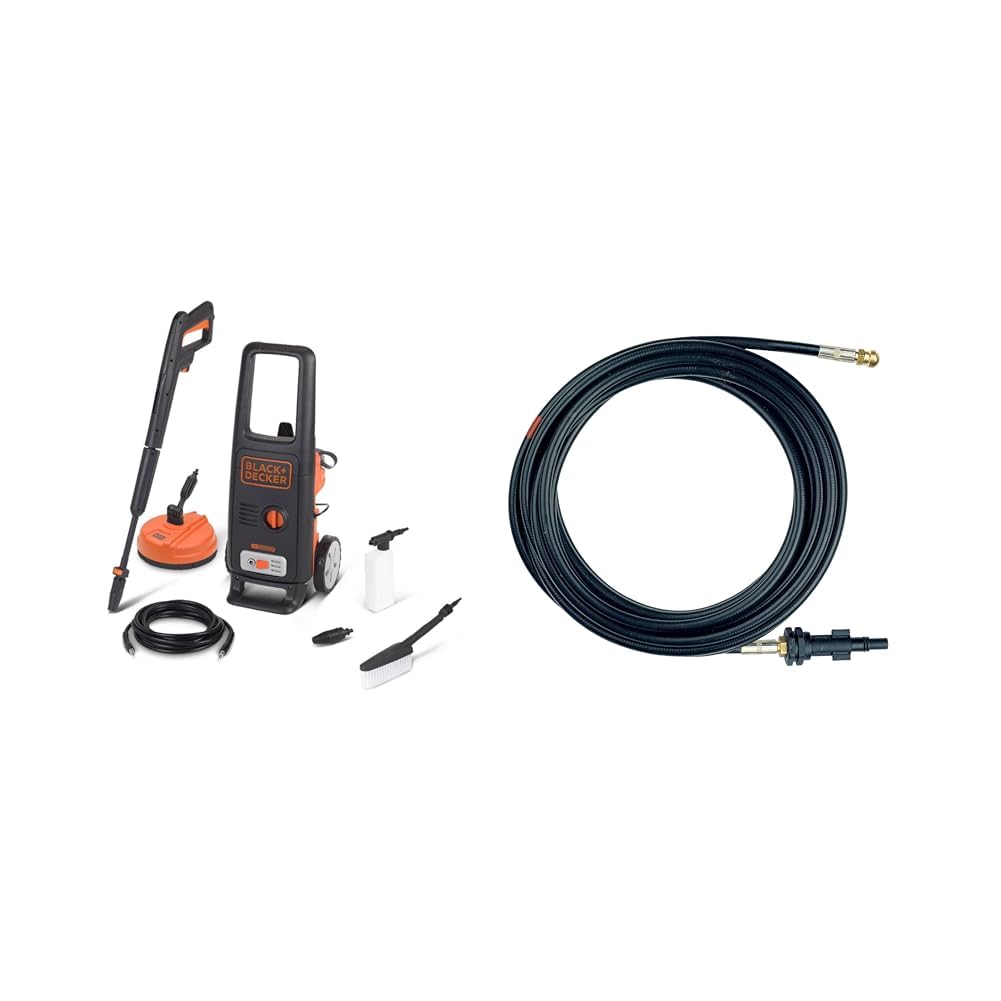 Black+Decker BXPW1600PE Idropulitrice ad Alta Pressione (1600 W, 125 Bar, 420 l/h) con Patio Cleaner e Spazzola Fissa, 230 V, Nero, 8 accessori &Sonda Sturatubi per Idropulitrici (10 m)