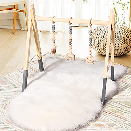 BABY JOY Portable Wooden Baby Gym, Foldable Baby Play Gym Frame with 3 Wooden Baby Teething Toys, Baby Exercise Activity Gym Hanging Bar Newborn Baby Gift (Gray)