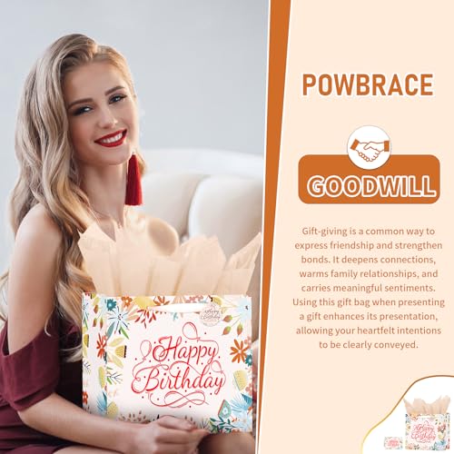 Image of Powbrace 13 inch White Happy Birthday Gift Bag with Tissue Paper and Greeting Card for Patry, Happy Birthday Gift Bag for Men Women,Gift Bags Medium size(1 PCS Flower Gifts Bag)