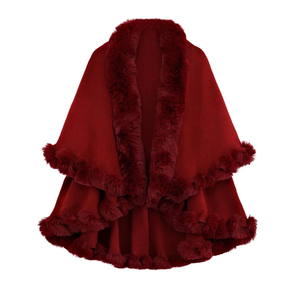 Damen Winter Umhang Mantel Elegant Kunstpelzkragen Warm Poncho Cape Komfortabel Schal Plüsch Strickjacke