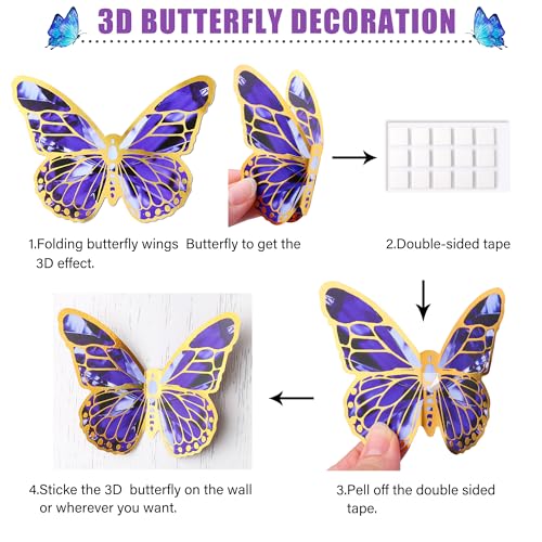 36 unidades adhesivos de mariposa 3D removibles morados miniatura 3