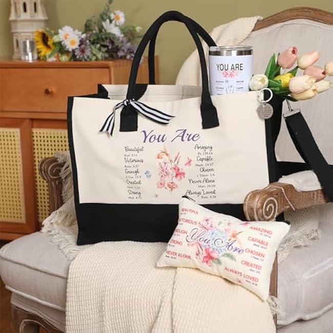 Aliceset 4 Pcs Christian Gifts for Women, Religious Tote Bag 20 oz Stainless Steel Tumbler Bible Keychain Catholic Makeup Bag(Floral)