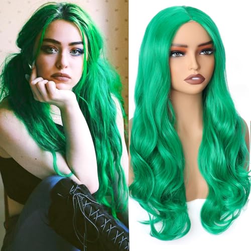 PORSMEER 70 cm/28 inch Long Curly Wavy Wigs Middle Part for Women Ladies Cosplay Fancy Dress Wig Synthetic Heat Resistant Hair (Green)