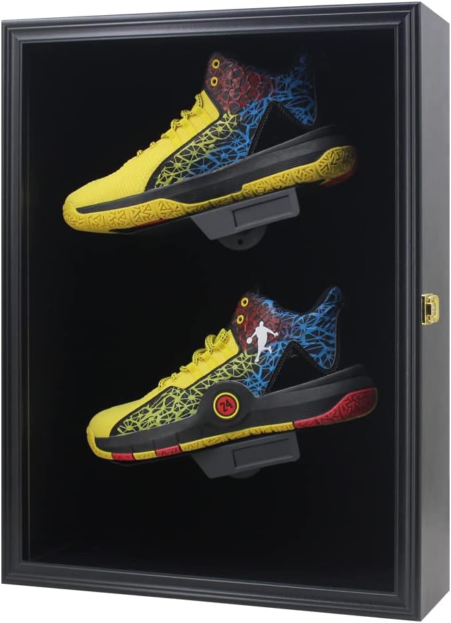 Memorabilia Sports Shoes Display Frame Case Lockable Wall Mount Wooden Cleat Sneaker Cabinet Storage Shelves Box for Football Basketball Sports Shoes Display with Anti-Fade UV Protection Acrylic Door LARGE(SPORTS SHOES)