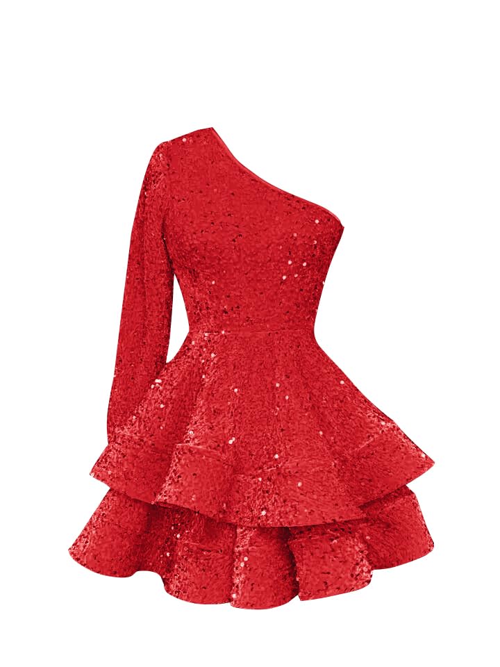 OFEECHUN Women's One Shoulder Sequin Homecoming Dress Short Sparkly Layered Long Sleeve Cocktail Gowns