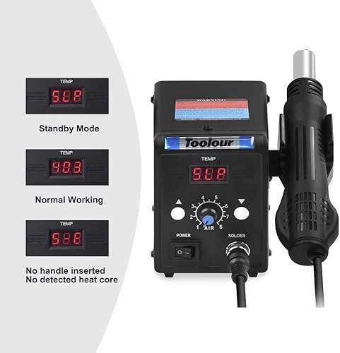 Miniatura 2 de Toolour Estación de retrabajo de aire caliente, pistola de calor de soldadura SMD, pantalla FC, 110V, lupa iluminada 5X y 10X con soporte, lámpara