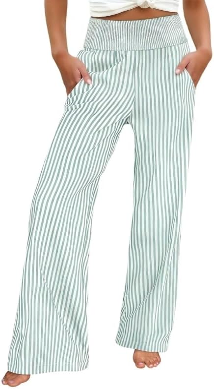 Gingham Pants,Green and White Checkered Pants,Womens Palazzo Pants, Striped & Gingham