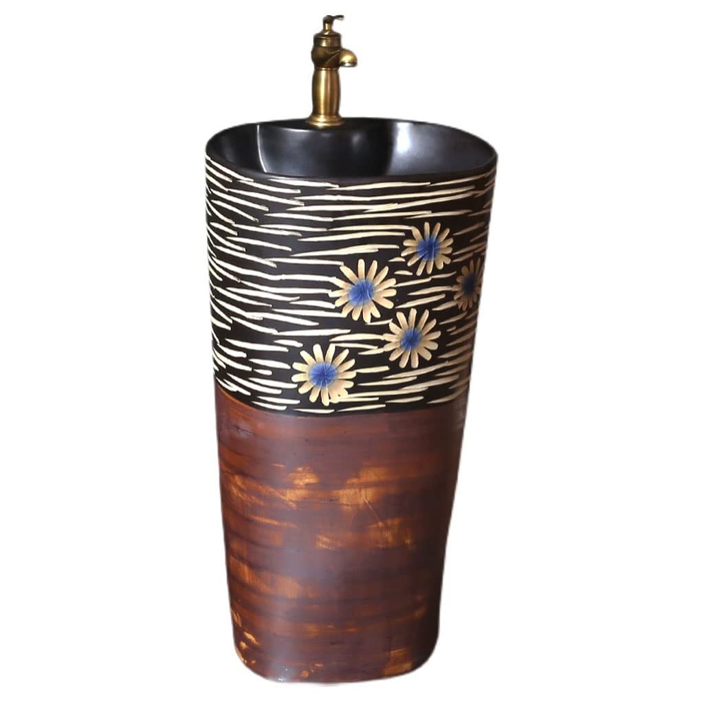 NEBE Bathroom Sink Pedestal Sink Bathroom Washbasin Vintage Ceramic Basin One-Piece Combo with Faucet