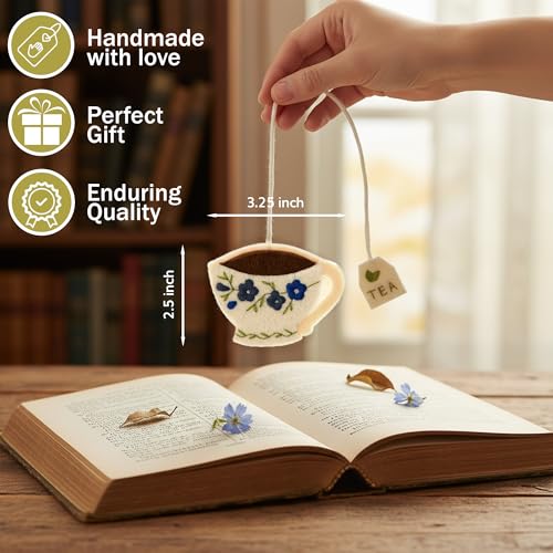 Embroidered Teacup Bookmark with Floral Design – Cute Tea Cup Bookmark for Book Lovers, Readers & Teachers – Unique Gift for Women, Tea Lovers & Bookworms
