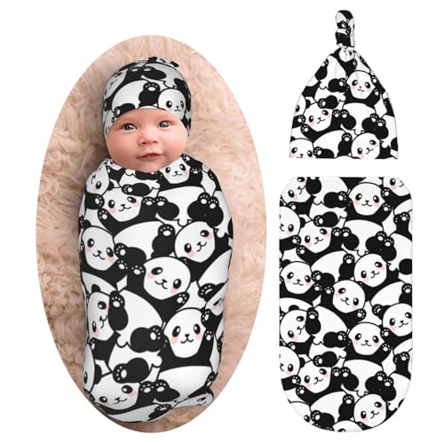 Image of Panda Baby Stuff Newborn Swaddle Blankets Cute Baby Wrap Blanket Soft with Beanie Hat Sets Gifts for Infant Boy Girl