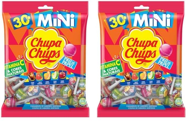 Mini Chupa Chups Caramelo con Palo de Sabores Variados - Bolsa de 30 unidades de 6 gr/ud (Paquete de 2)