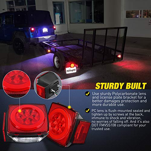 Image of Nilight 2PCS Square LED Trailer Light Kit with Halo Glow | Submersible stop turn tail, side marker, clearance and license lights for 12V trailer boat RV Camper Truck Snowmobile