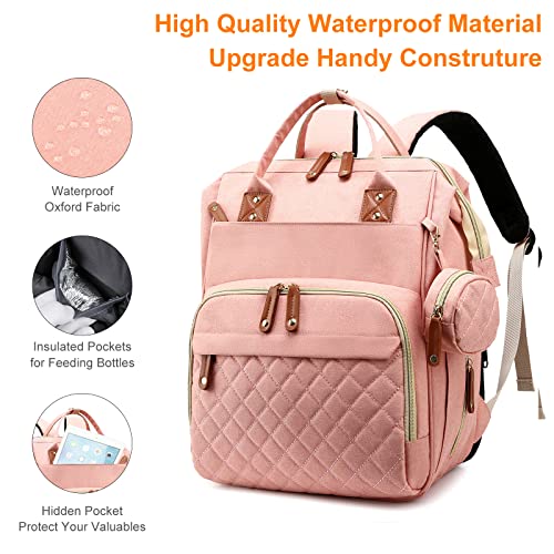 Diaper Bag with Changing Station Waterproof 3 in 1 Baby Diaper Backpack with Foldable Changing Pad Large Travel Back Pack for Baby Girl Boy Peach Pink