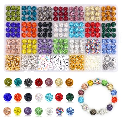 501 Pcs Rhinestone Bead Kit for Bracelet 10mm Sparkle Clay Crystal Beads for Jewelry Making 21 Colors Shiny Disco Ball Beads for Crafts Baseball Necklace Keychain Earrings DIY Decoration (Kit 1)