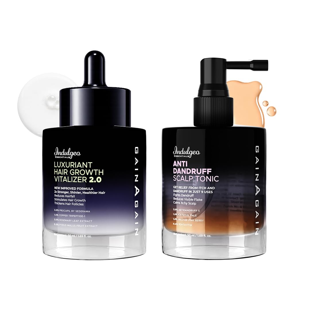 Indulgeo Essentials Hair Growth Combo Kit | Gain Again Luxuriant Hair Vitalizer 2.0 Advanced Hair Growth Serum 50ml + Anti Dandruff Scalp Tonic No Rinse Spray 50ml (Combo)-image-44