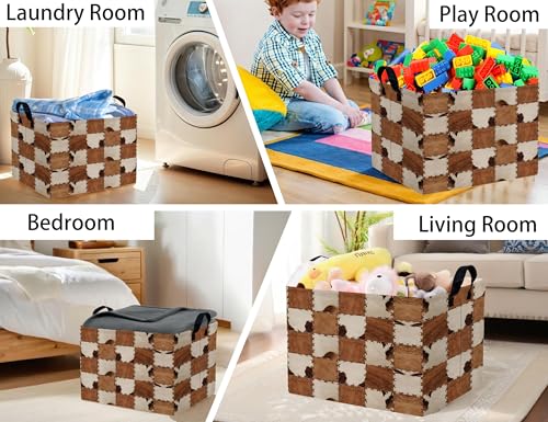 Image of Checkered Kids Toy Basket Collapse Storage Bin with Handles Canvas Cow Fur Print Home Decor(Brown White)