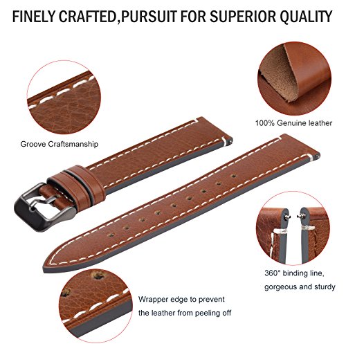 Fullmosa 4 Colors For Smart Watch Band, Top Leather Watch Strap Replacement 22Mm,Dark Brown + Smoky Grey Buckle #TOP4