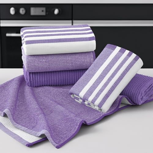 Image of Homaxy Premium Kitchen Towels(18 inchx 28 inch, 3 Pack), Large Cotton 380 GSM Kitchen Hand Towels, Soft and Absorbent Terry Dish Towels, Multipurpose Tea Towel Set with Hanging Loop, Purple