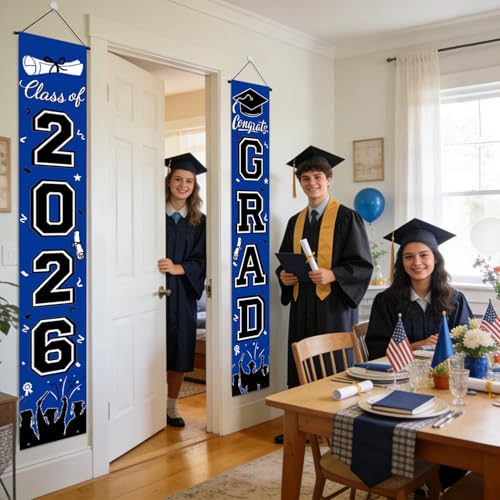 Image of Graduation Decorations 2026 Porch Banner, Graduation Banner Class of 2026, Blue Congrats Grad Decorations for Door and Porch Party Supplies