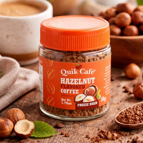 Image of QuikCafe Premium Instant Coffee, Natural Hazelnut Flavor - 1.76 oz (50g) Freeze Dried Arabica beans for Maximum flavor Delivery and Easy Solubility, All-Natural, Preservative-Free - Just Add Hot Water