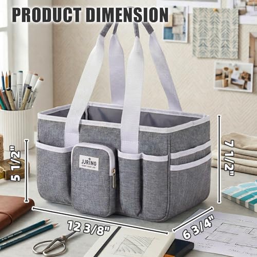 Image of JJRING Foldable Craft Organizer Tote With Zipper & Divider, Grey | Portable Art Storage Caddy Bag For Scrapbooking, Sewing, Artist & Home