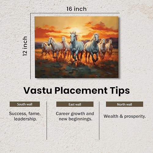 Image of 7 Running Horses Vastu Stretched Canvas Painting For Living Room Seven White Horses Wall Art Painting Symbol of Success, Growth & Positive Energy Wall Art for Home & Office, 12x16 Inch