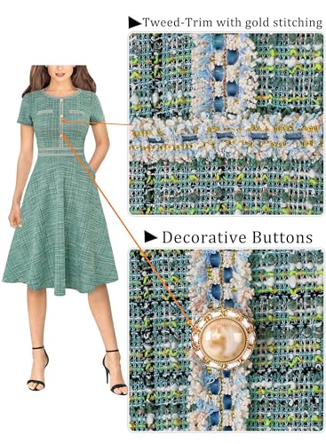 Image of VFSHOW Womens Buttons Pockets Office Business A-Line Dresses Short Sleeve Work Crew Neck Tweed Trim Fit and Flare Swing Dress