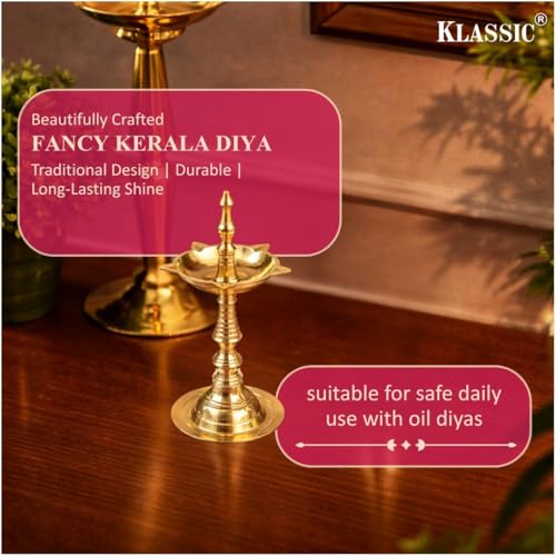 Image of Klassic 5 Inch Pure Brass Fancy Kerala Diya Oil Lamp Stand (Vilakku) | Traditional Deepam for Mandir & Temple Use | Ideal for Diwali, Navratri & Daily Worship | Set of 2