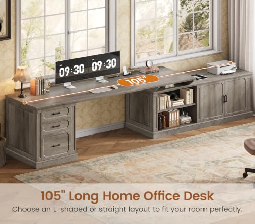 Image of SEDETA Farmhouse L Shaped Desk with Drawers, 70.9 inch Home Office Desk with Storage Cabinet and Storage Shelves, L Shaped Computer Desk with Power Outlet,Gray