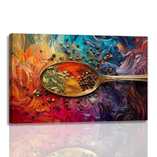 Kitchen Wall Decor Colorful Spices Seasoning On Spoon Picture Print On Canvas Abstract Contemporary Artwork For Home Dining Room Decoration Ready To Hang(Artwork-3,12'x18')