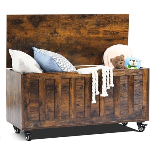 Storage Chest, 39.4'' Wooden Storage Bench with 4 Wheels & 2 Safety Hinges, Retro Box Support 300...