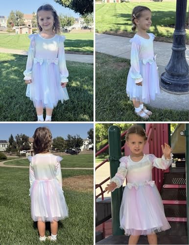 Image of Arshiner Toddler Girls Tulle Dresses with Bow Tie Fall Winter Long Sleeve Formal Party Dress 1-7 Y